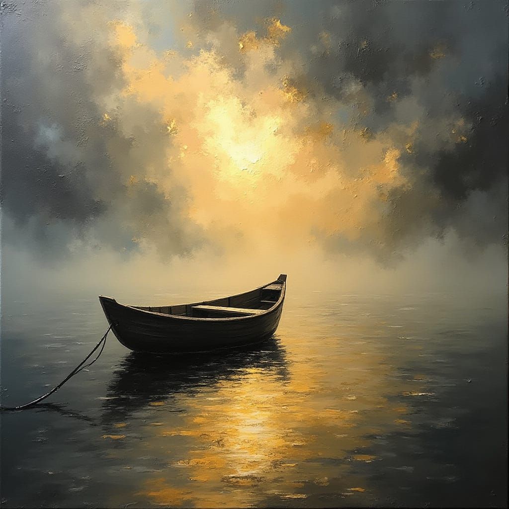 Surreal Rowboat Painting on Still Water in Gold and Grey