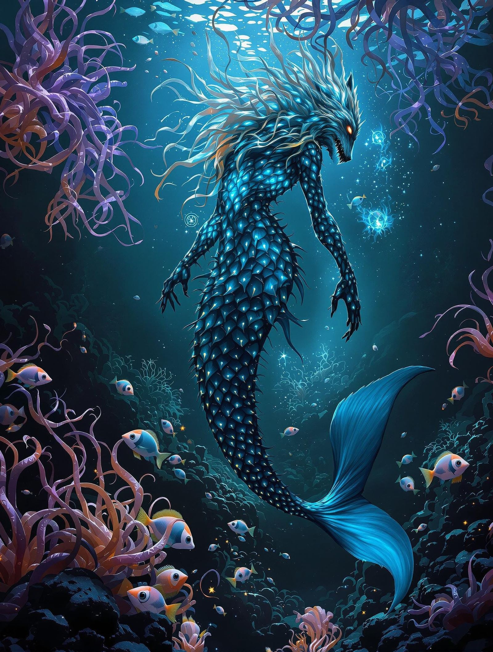 Deep Sea Werewolf Mermaid in Dark Fantasy Style