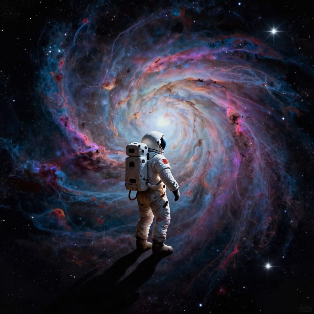 Astronaut Adrift in Cosmic Void Gazing at Swirling Nebula