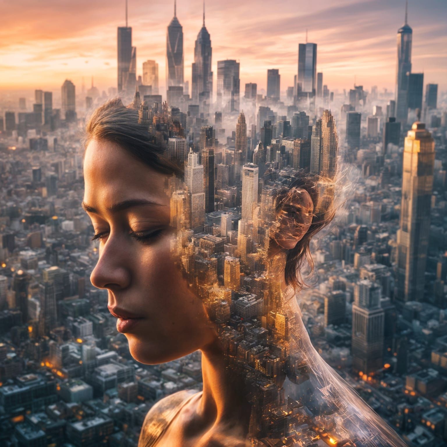 Serene Face Over Cityscape: A Surreal Double Exposure