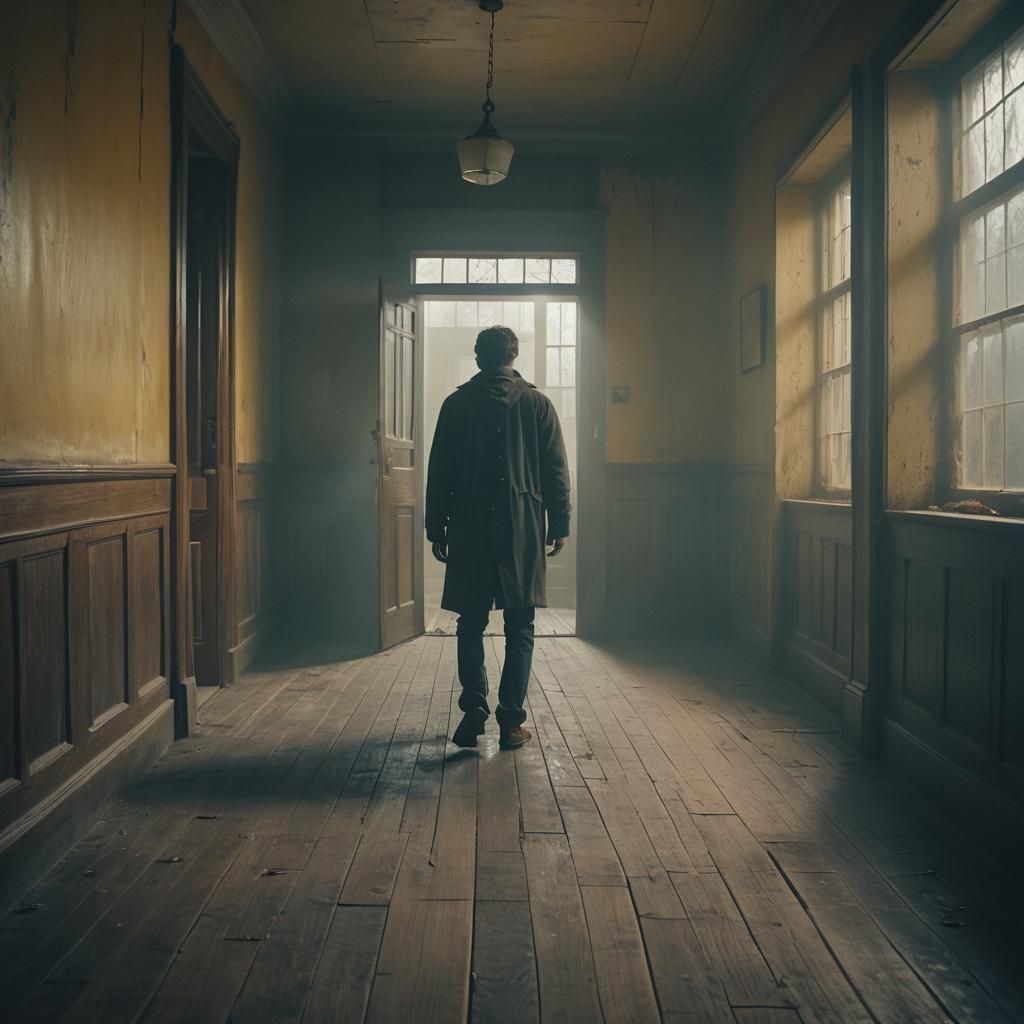 Dark Academia Man Walks Empty School Corridor