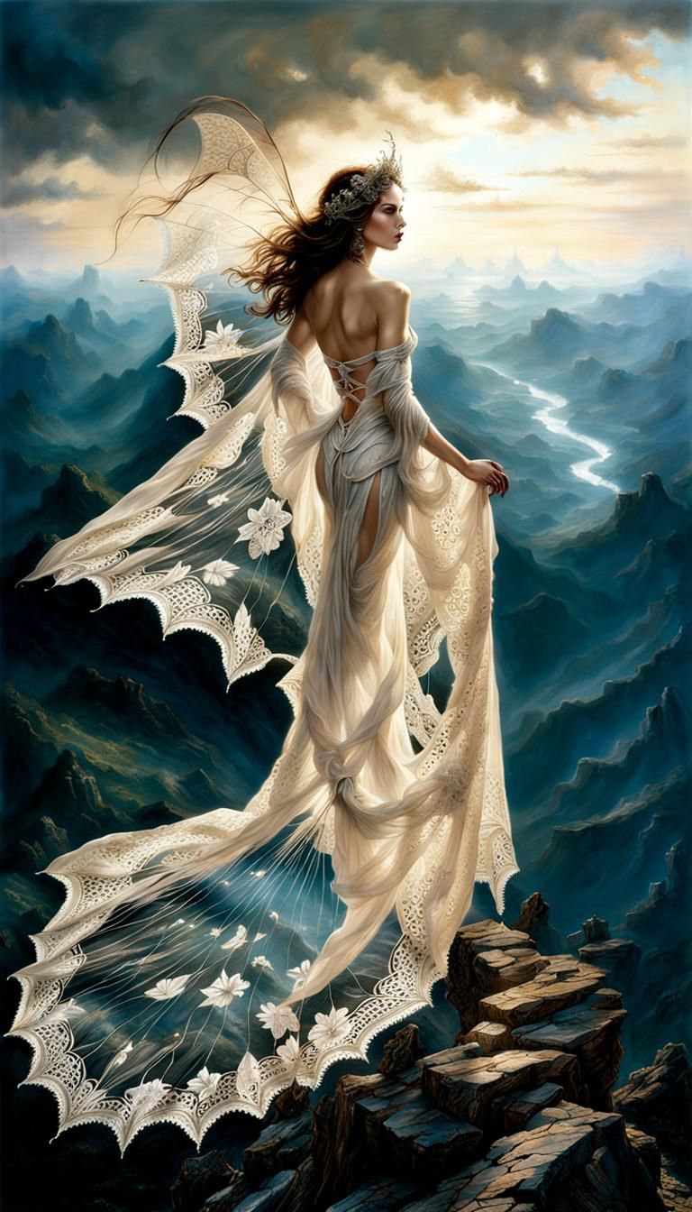 Lace Veiled Woman with Fairy Wings