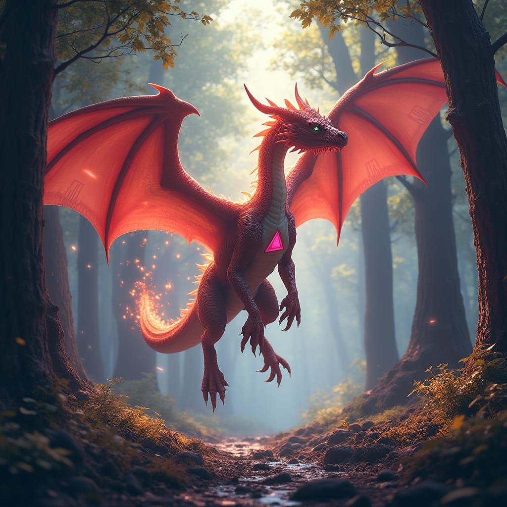 Iridescent Dragon Soaring Through Enchanted Forest