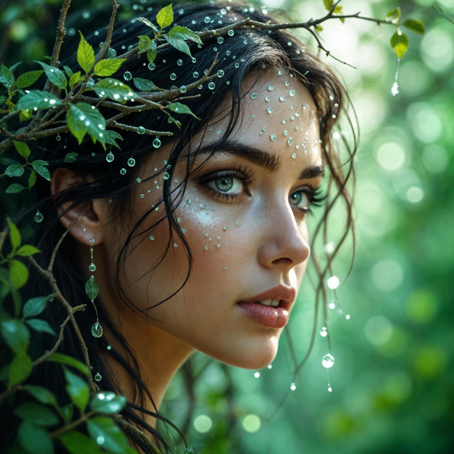 Woman's Face Formed by Twigs and Dewdrops in Forest
