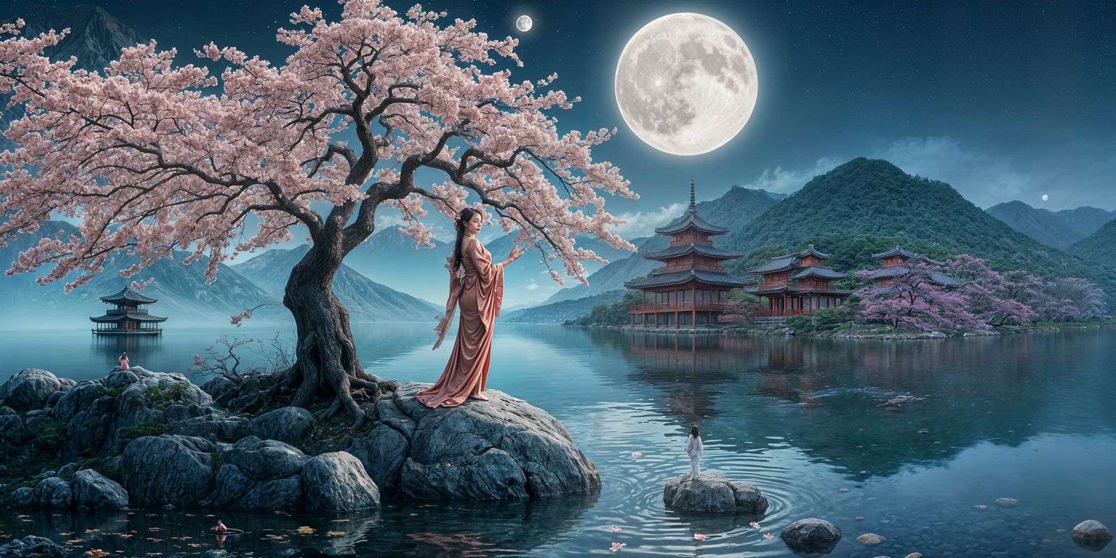 Sakura Tree, Moon, and Woman in Kimono