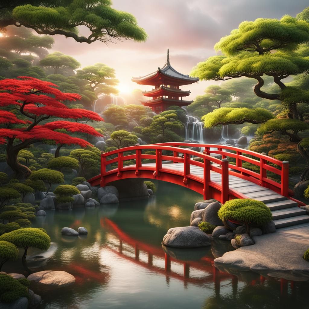 Sunrise in Japanese Garden with Red Bridge