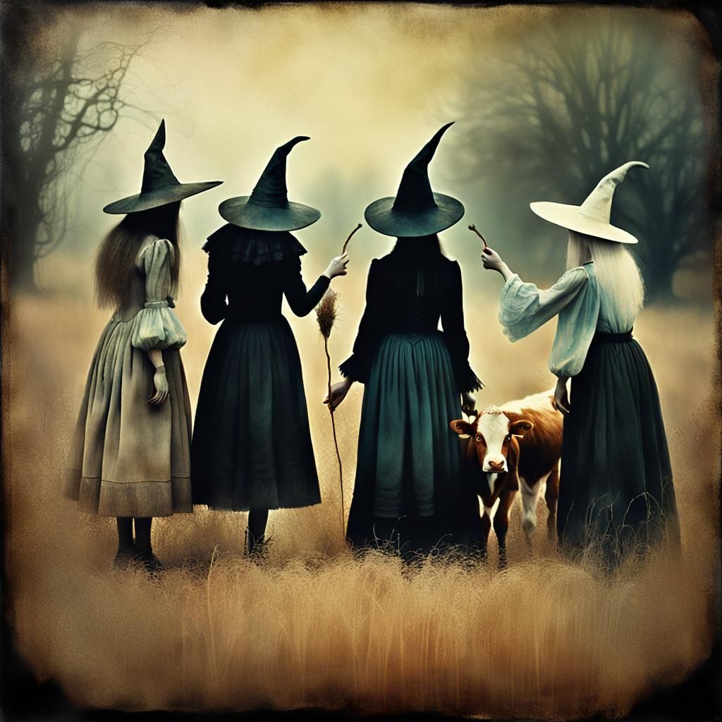 Vintage Photo of Witches Judging Malnourished Cows