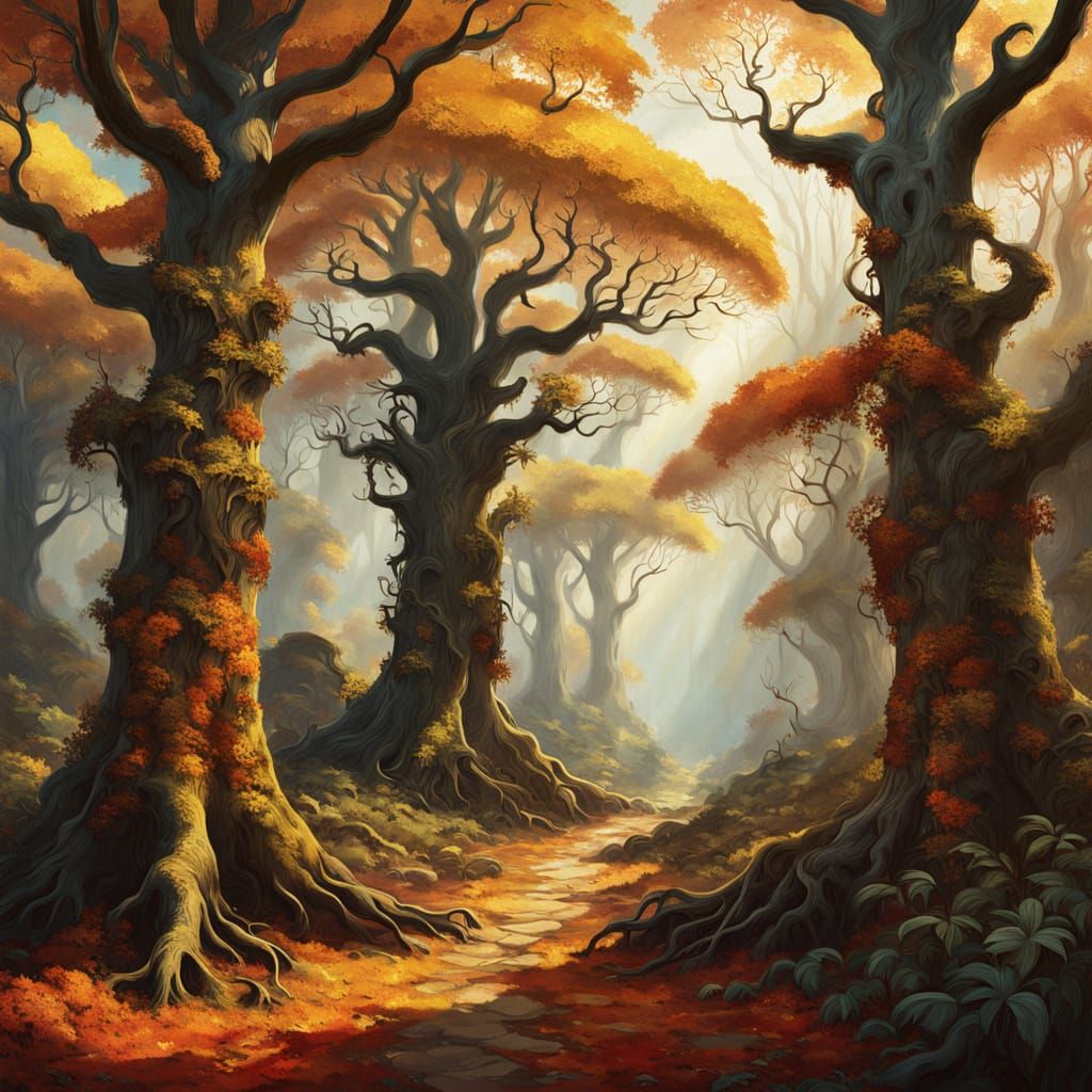 Surreal Autumn Landscape with Melting Trees and Vibrant Foli...