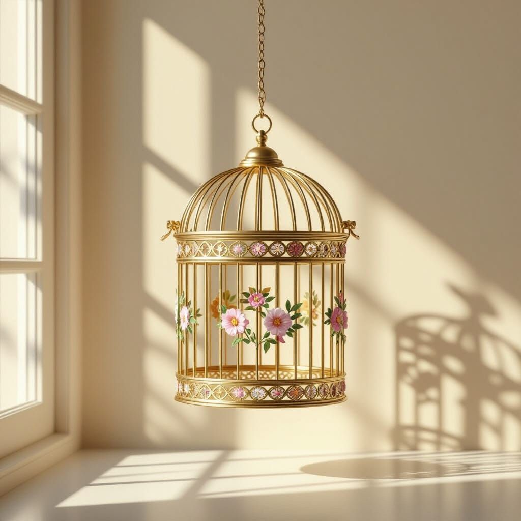 Ornate Golden Birdcage in Sunlit Room, Dutch Still Life Styl...