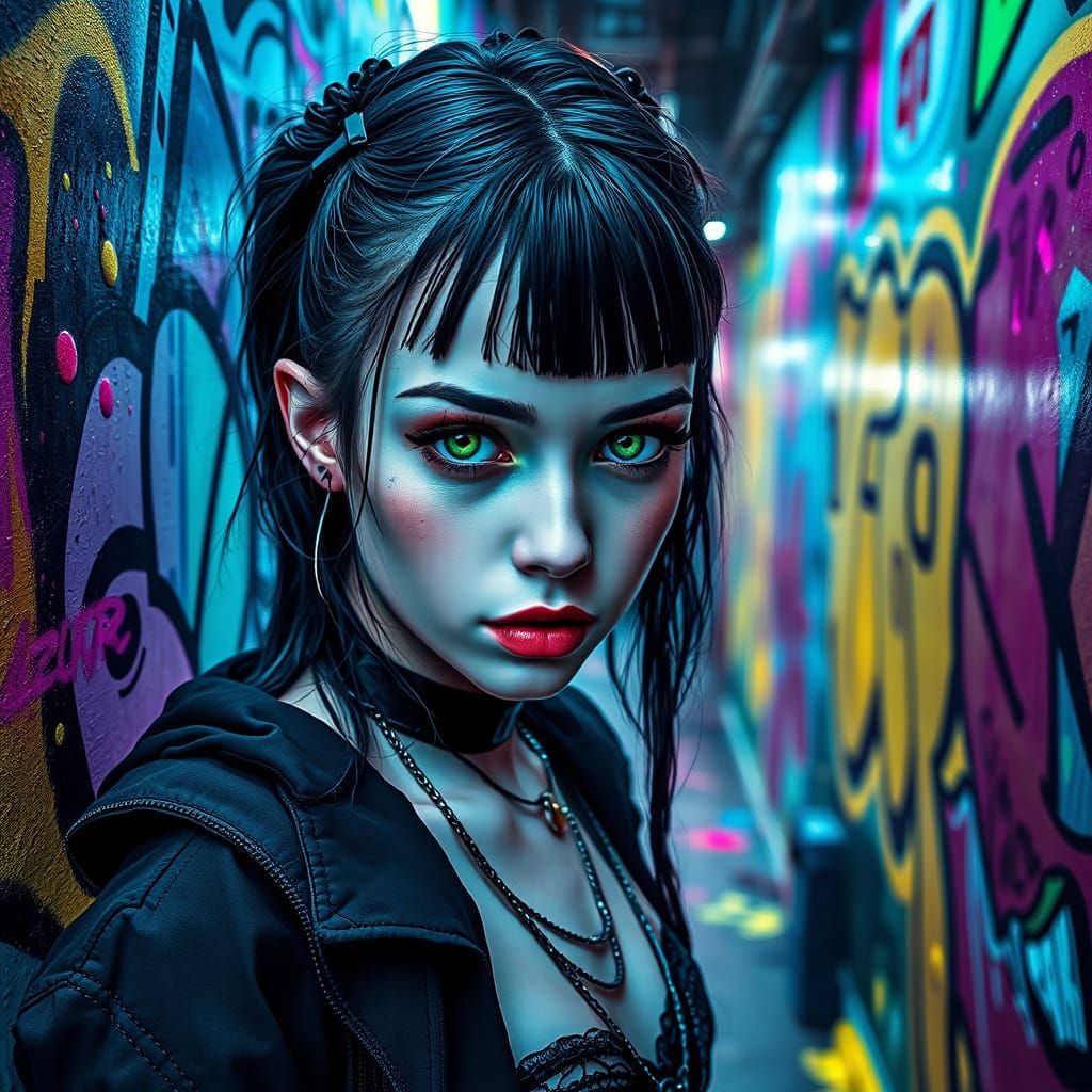 Ethereal Goth Woman Lost in Neon Noir Digital Maze