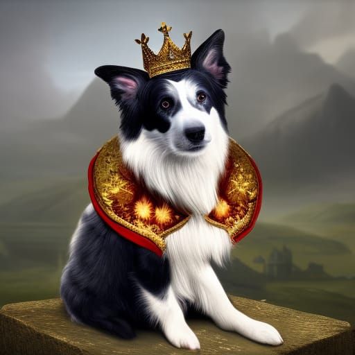 Border Collie as King of England on Throne