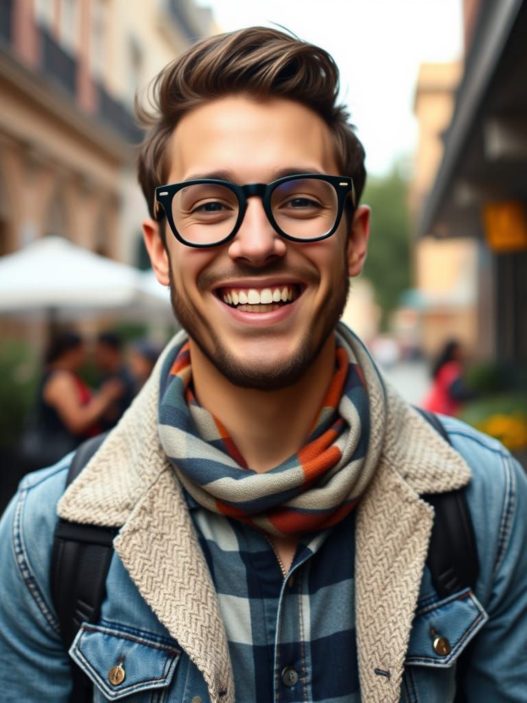 A Handsome Happy Hipster in Modern Art