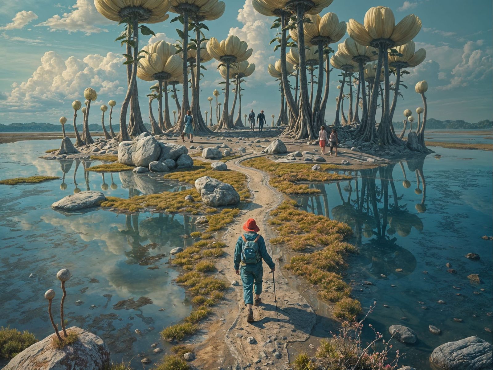 Hikers Explore Surreal Mudflat Landscape with Ethereal Flowe...