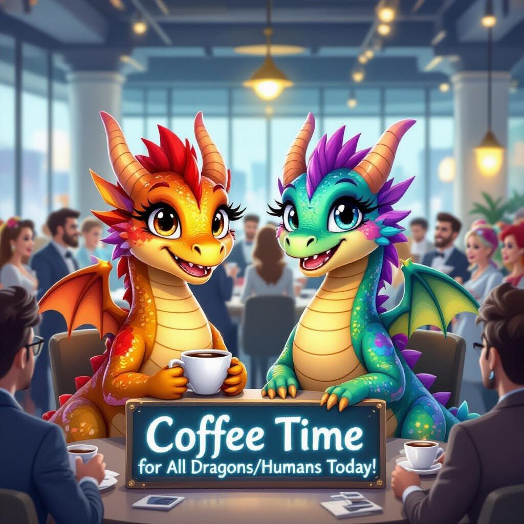 Rainbow Dragons Coffee Break in a Dragon Office