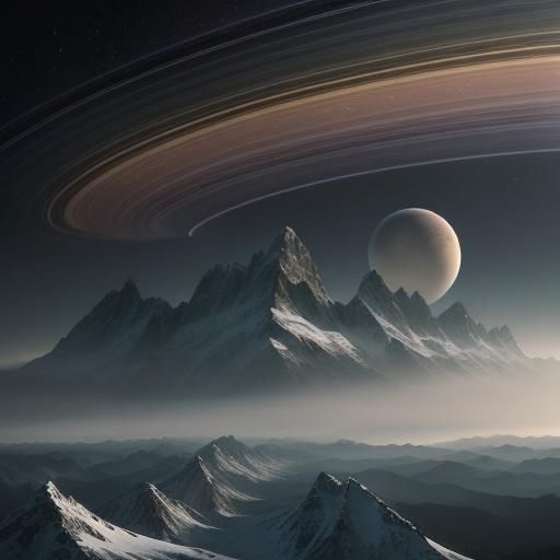 Saturn Rings Over Mountain Horizon: Digital Matte Painting