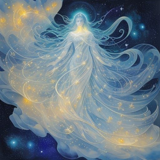 Radiant Figure Illuminates Starry Night Sky in Watercolor