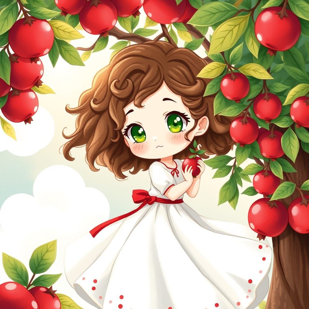 Chibi Pomegranate Girl in Whimsical Watercolor Style