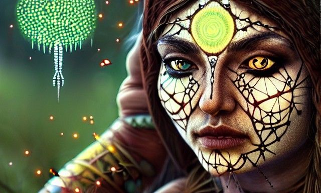 Shaman Woman in Forest with Fireflies