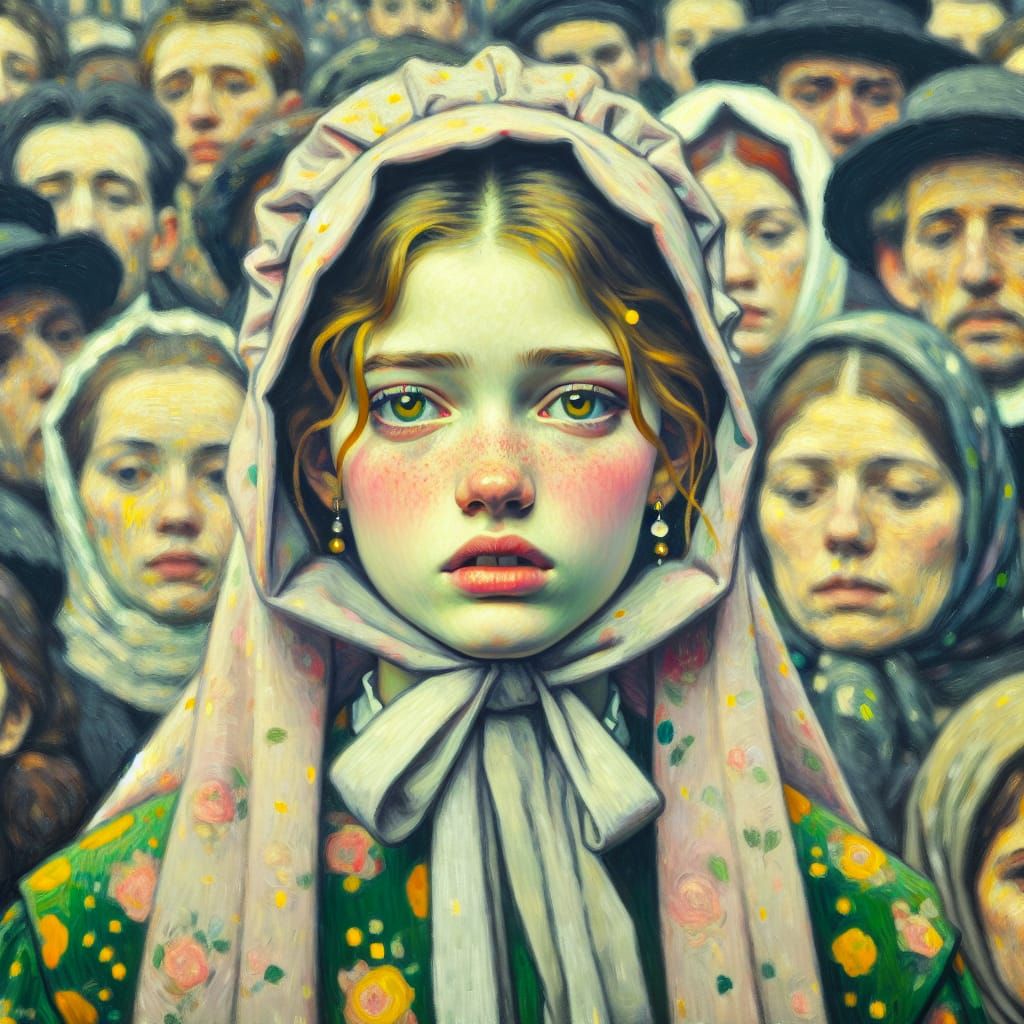 Embarrassed Milkmaid in Klimt-Inspired Renaissance Style