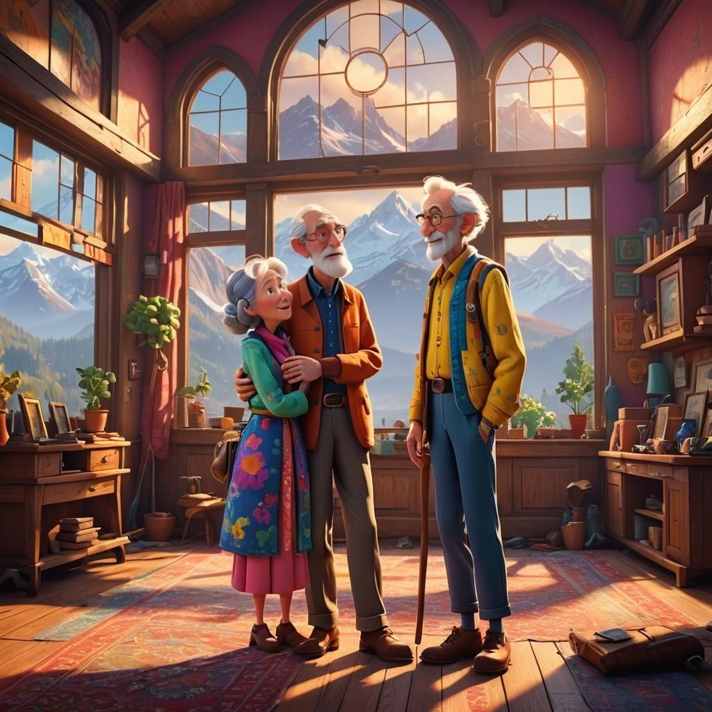 Playful Old Couple in Pixar-Inspired 3D Animation