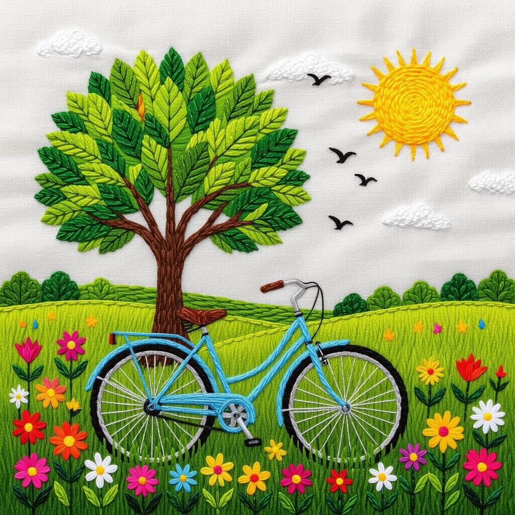 Embroidered Bicycle in Flower Meadow Folk Art