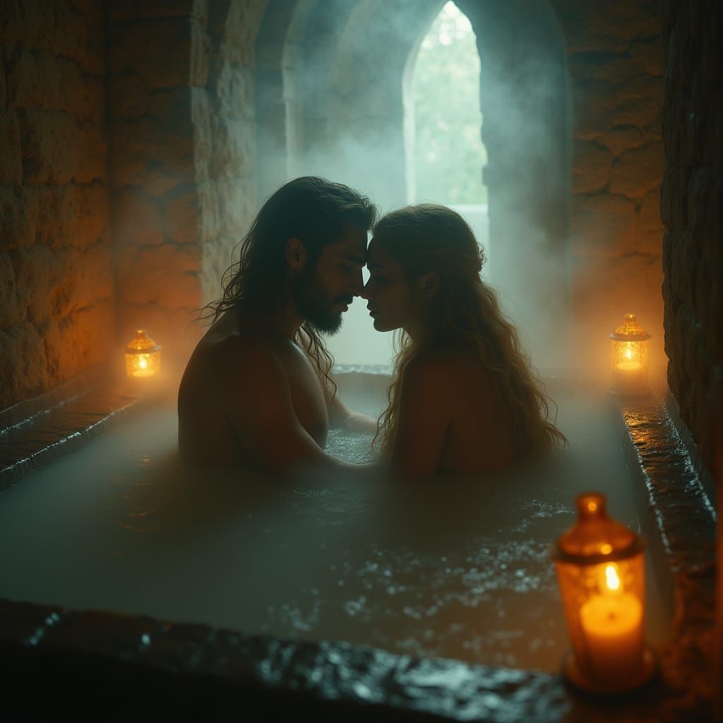 Romantic Medieval Bath Scene in Mystical, Dreamlike Atmosphe...