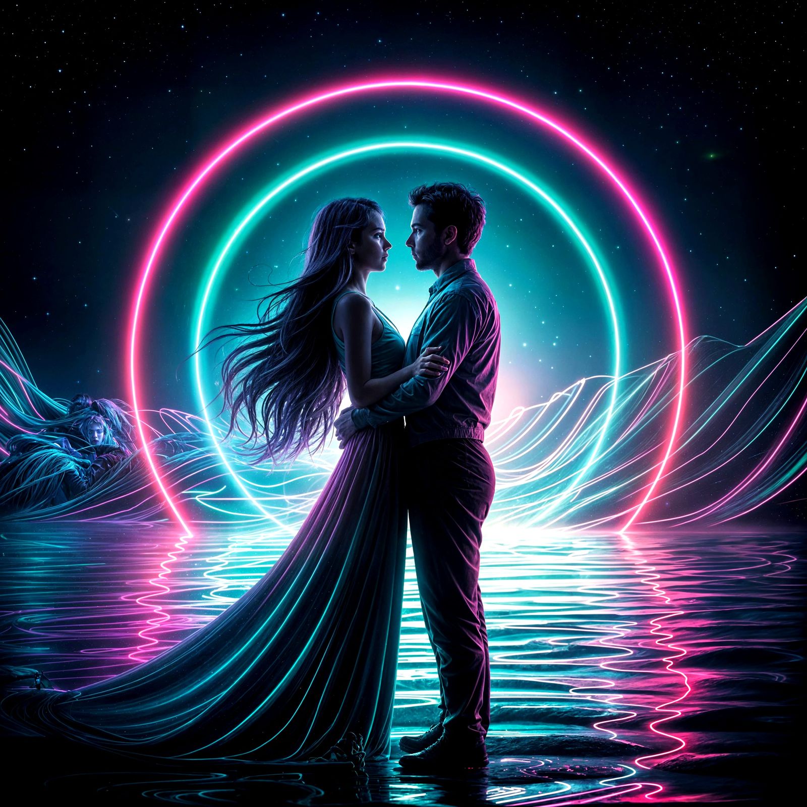 Glowing Couple in Starry Aurora Night: Digital Art