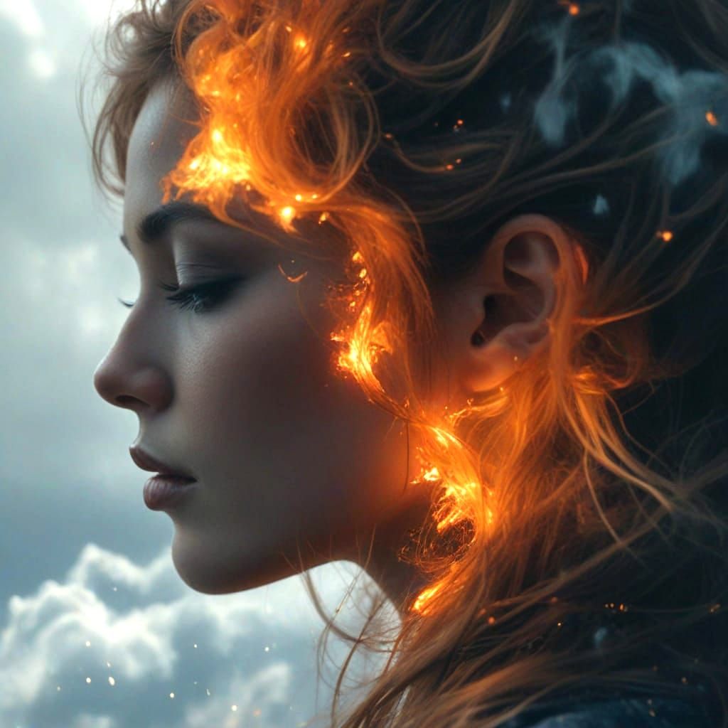 Young Woman Enveloped by Blazing Tendrils in Ethereal Dreaml...
