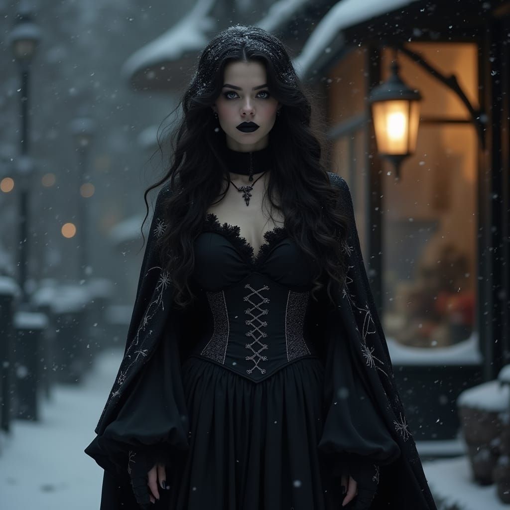 Mysterious Dark Elegance in Snowy Winter Evening