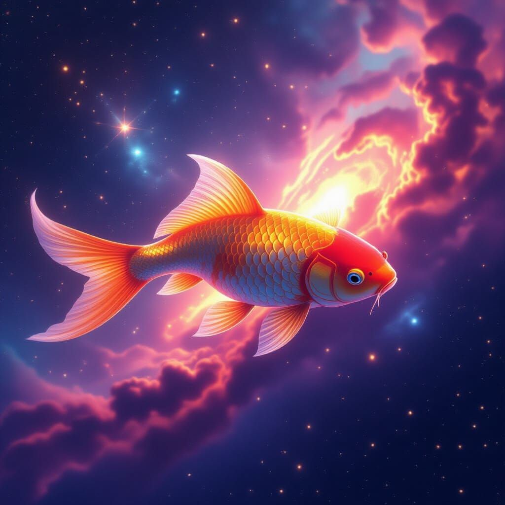 Golden Koi Fish Swims Through Cosmic Nebulae in Outer Space