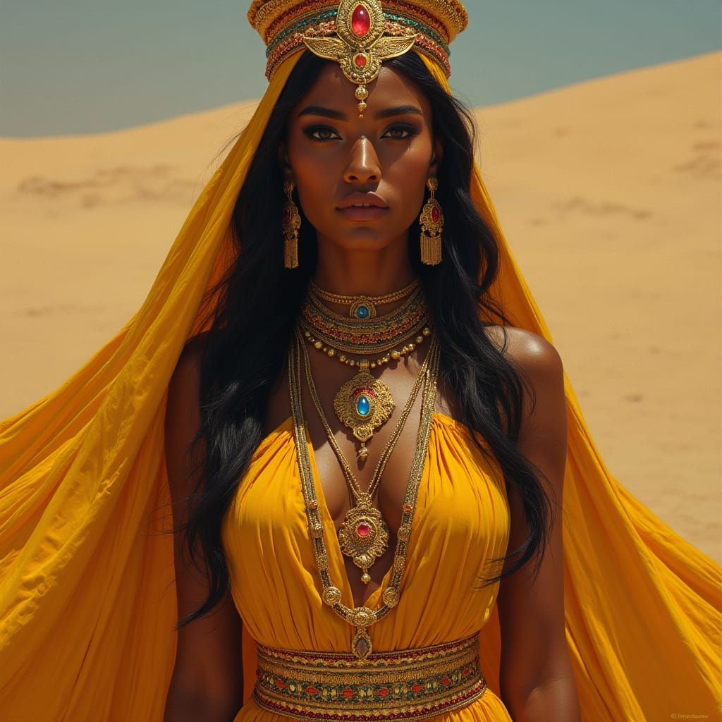 Majestic Woman in Golden Regalia Amidst Sandy Dunes