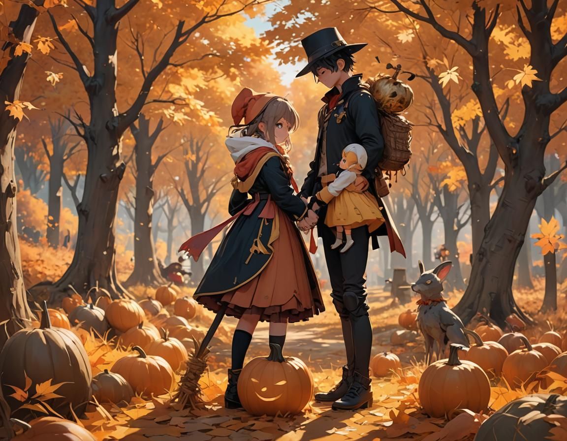 Anime Style: Boy and Girl Hug in Autumn