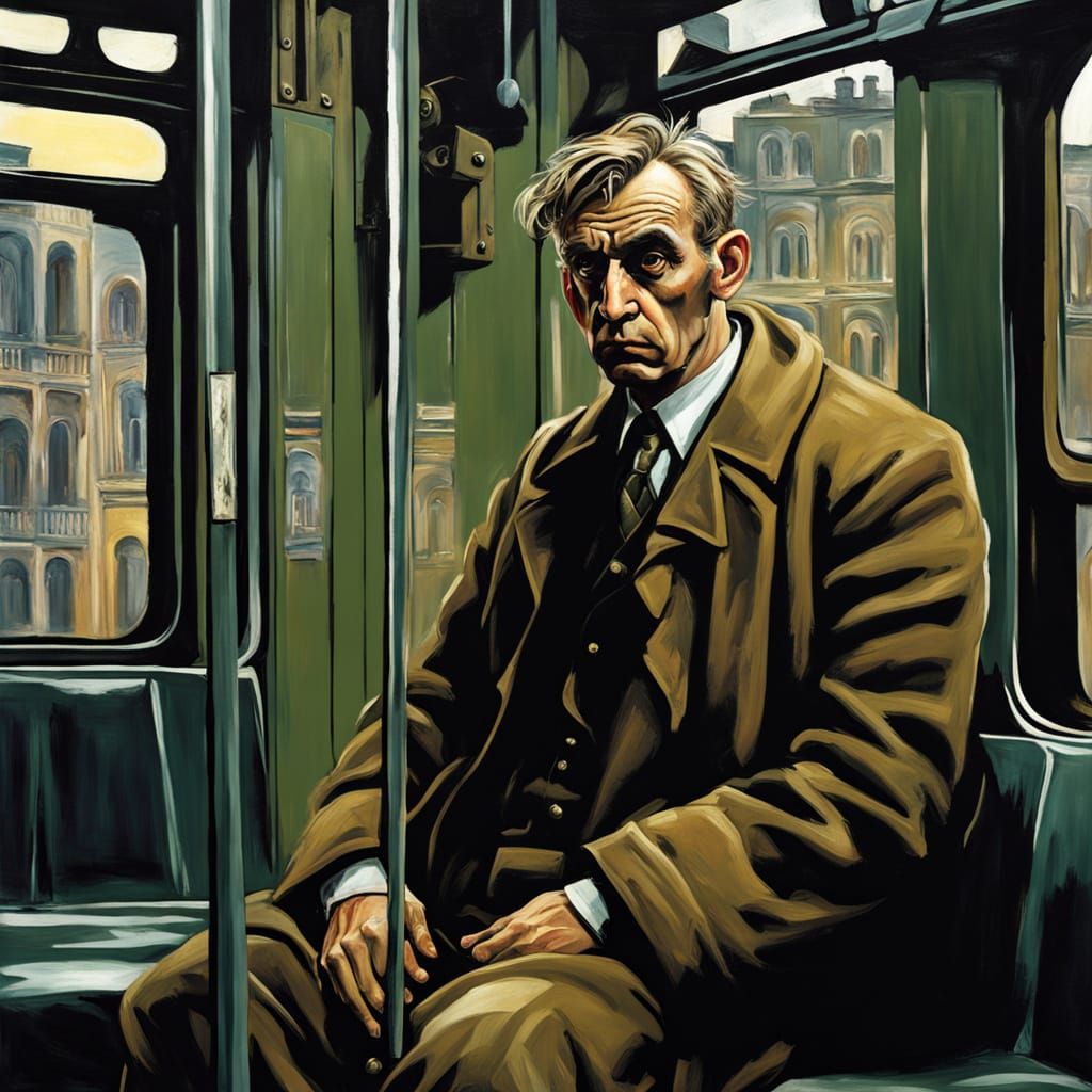 False Messiah Clerk on Tram in Expressionist Style