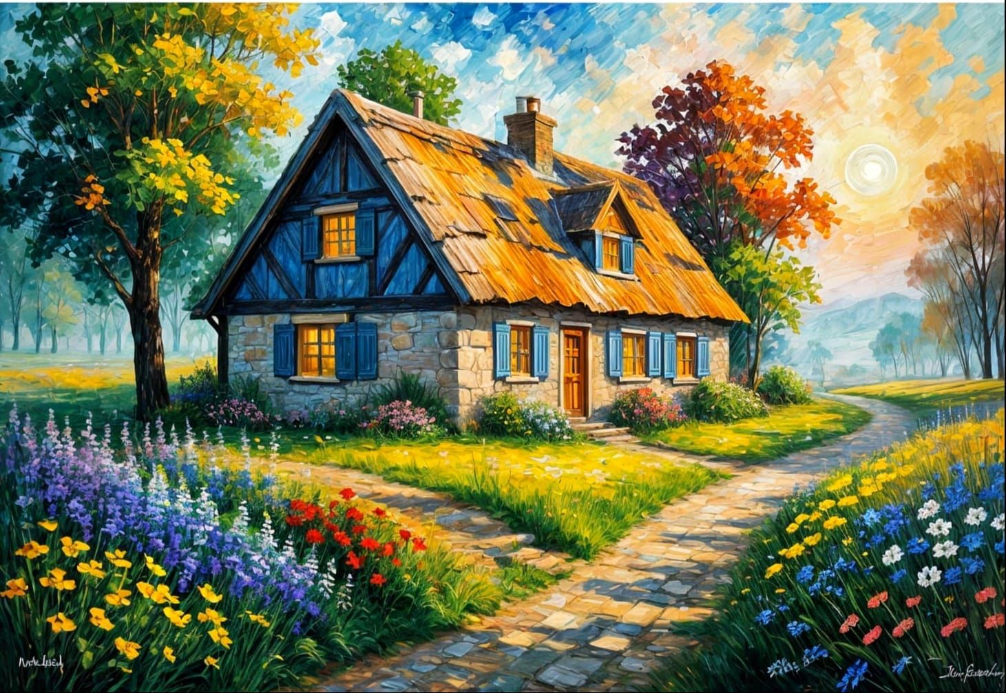 Quaint Cottage in Impressionist Impasto Style