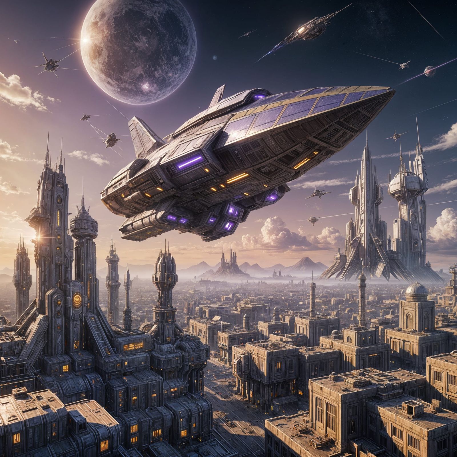 Sleek Spaceship Over Industrial Colony at Sunrise