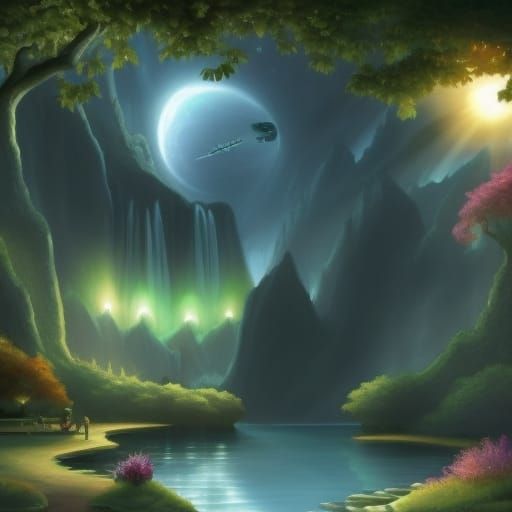 Sci-Fi Zen Garden with Cosmic Sky