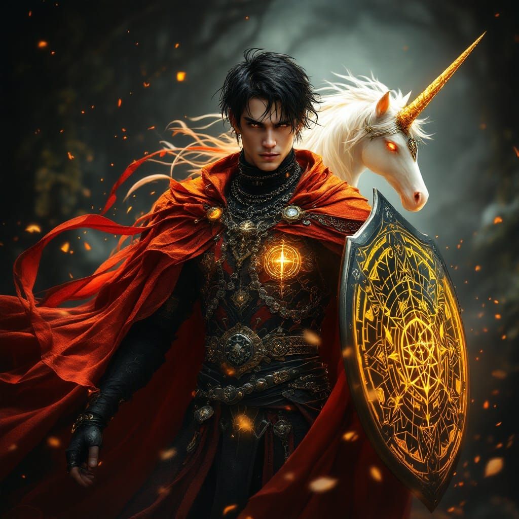 Gothic Fantasy Warrior in Majestic Yellow Armor, Beside Chib...