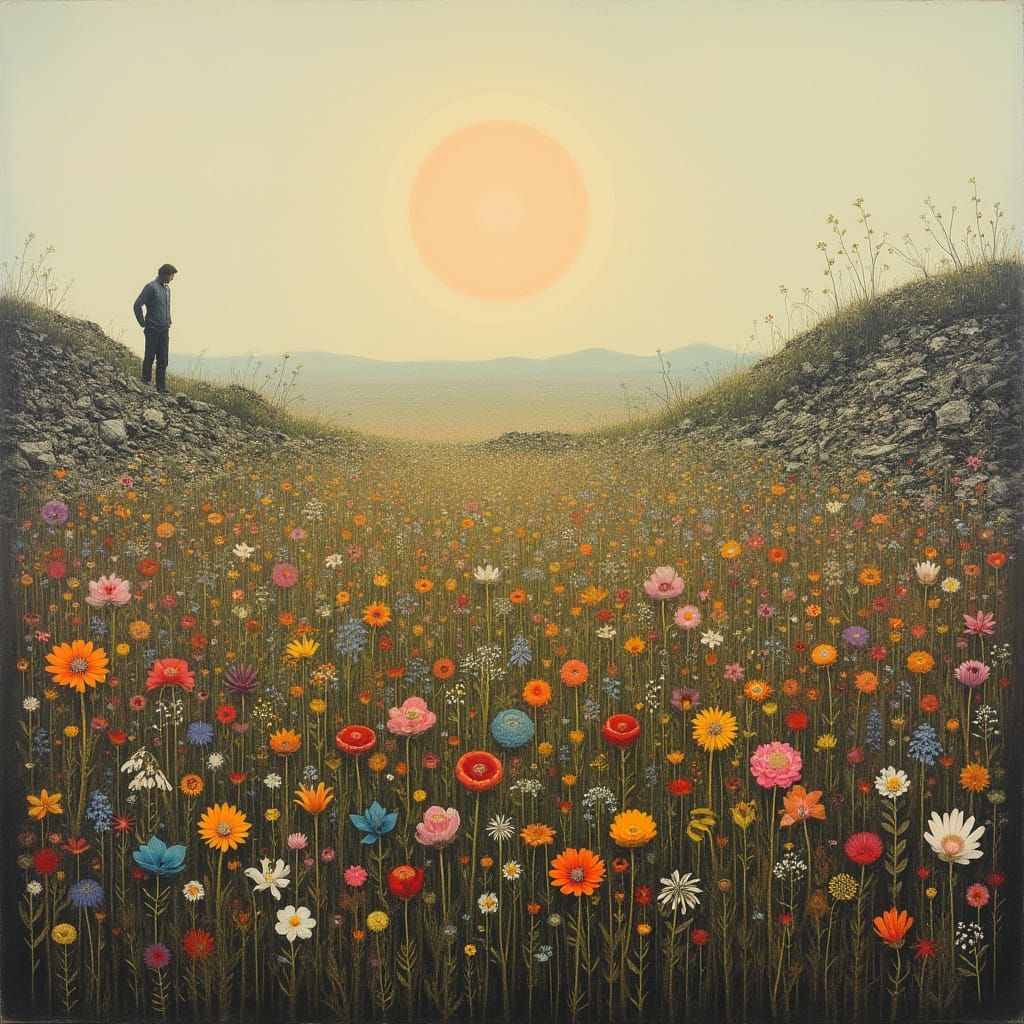 Surreal Oil Painting of Wildflowers on a Landfill