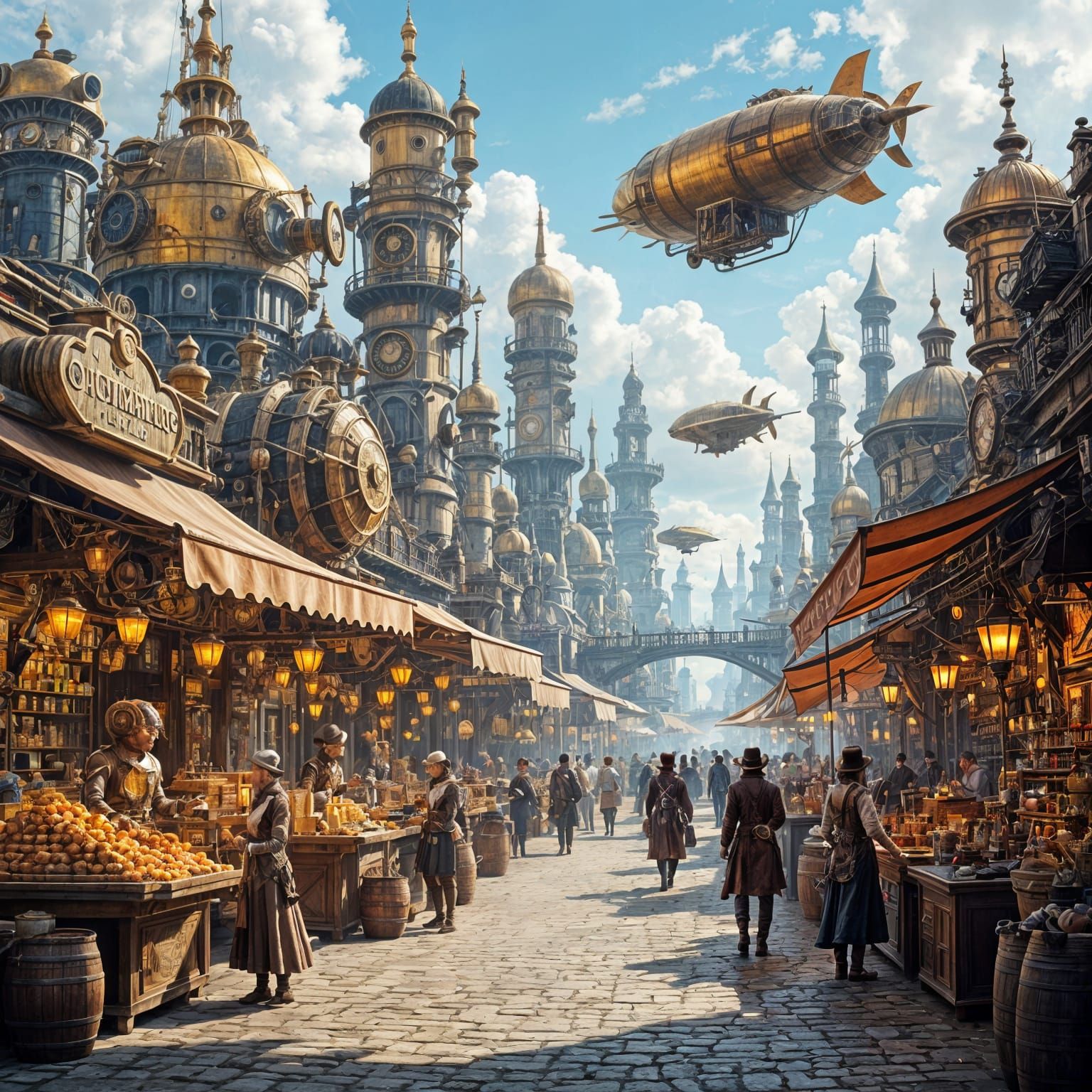 Steampunk City Marketplace with Airships and Automatons