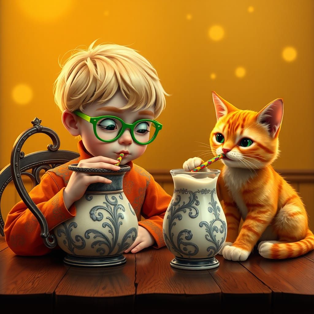 Boy and Cat Share Milk, Fantasy Concept Art