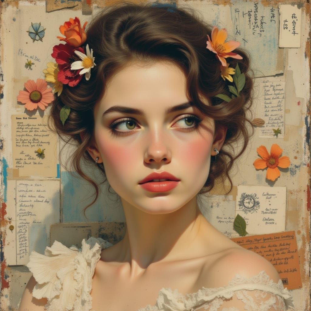 Woman Portrait With Collage Background and Expressive Gaze