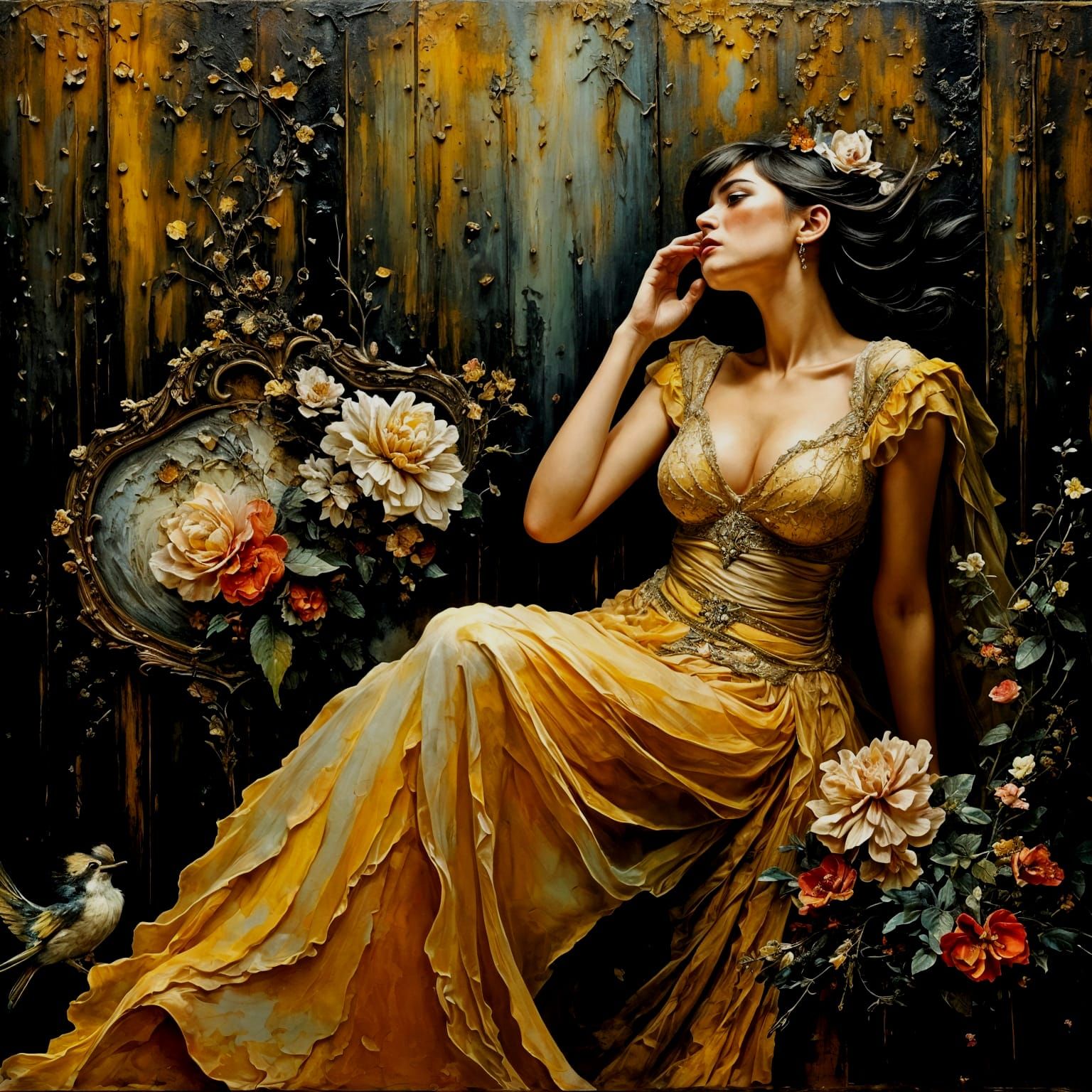Elegant Woman Surrounded by Memories as Impasto