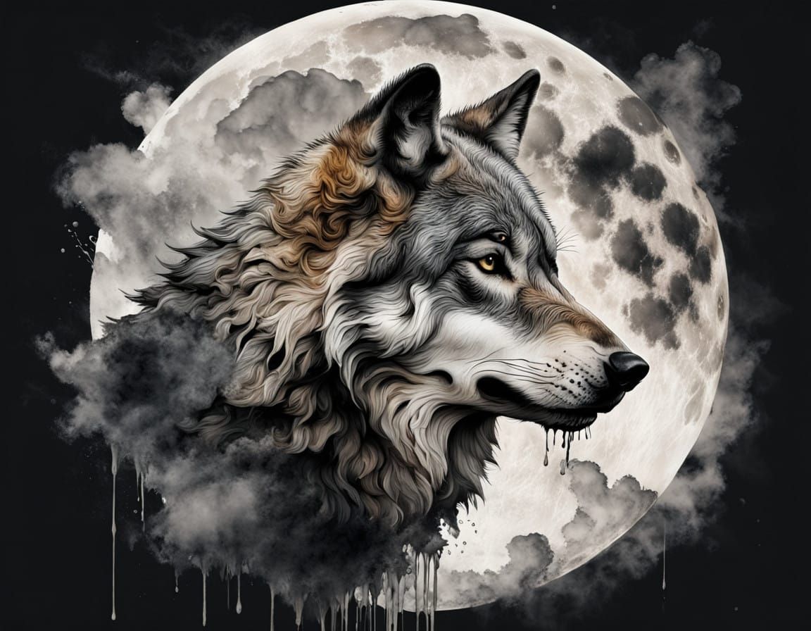 Wolf Under Full Moon in Ethereal Landscape
