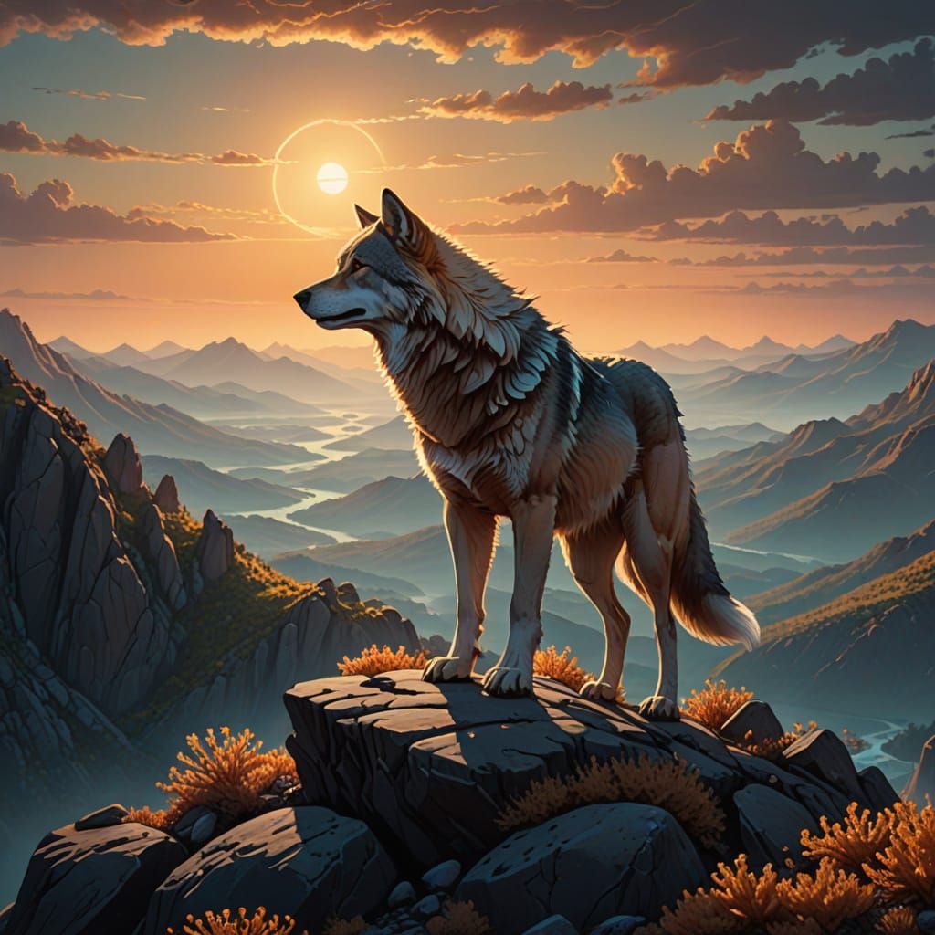 Lone Wolf Gazing at Bioluminescent Valley