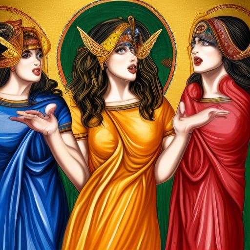 Greek Goddesses Argue in Georgia: Hyperrealistic Splash Art
