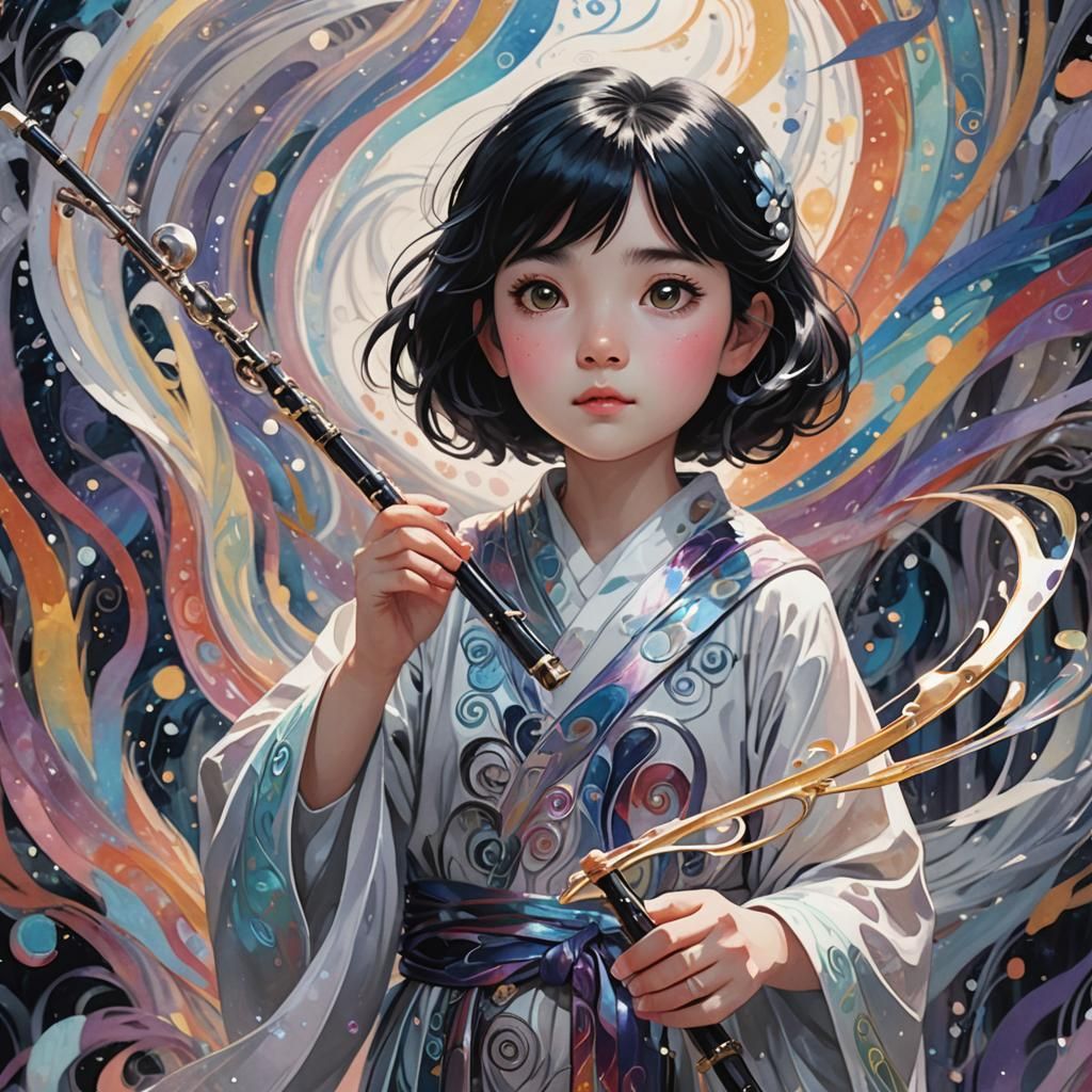 Magical Girl with Flute in Miyazaki Style