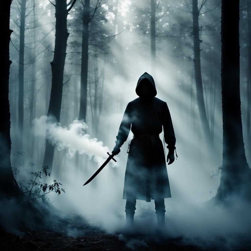 Shadow Figure with Sword in Misty Woods