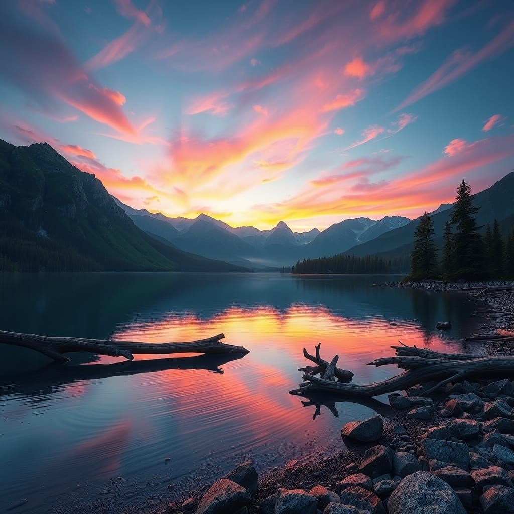 Serene Mountain Lake at Sunset in Realistic Matte Painting S...