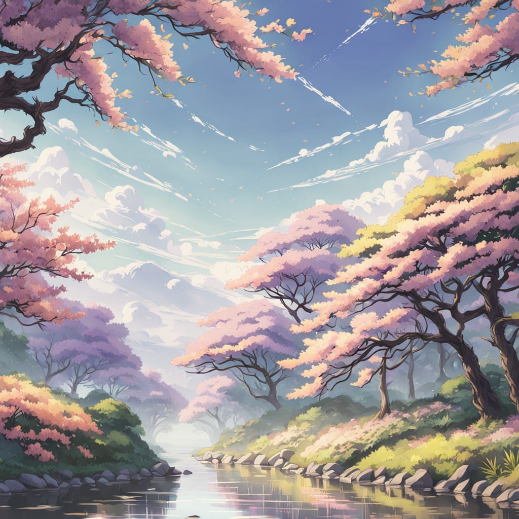 Surreal Cherry Blossom Landscape in Vibrant Guache Watercolo...