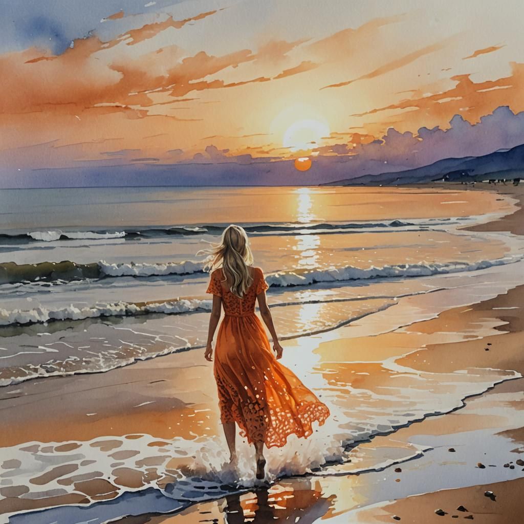 Sunset Beach: Girl, Horse, and Watercolor Painting